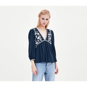 Zara Trf Collection Boho Plunge V-Neck Blouse Boho Western Blue Embroidered XS